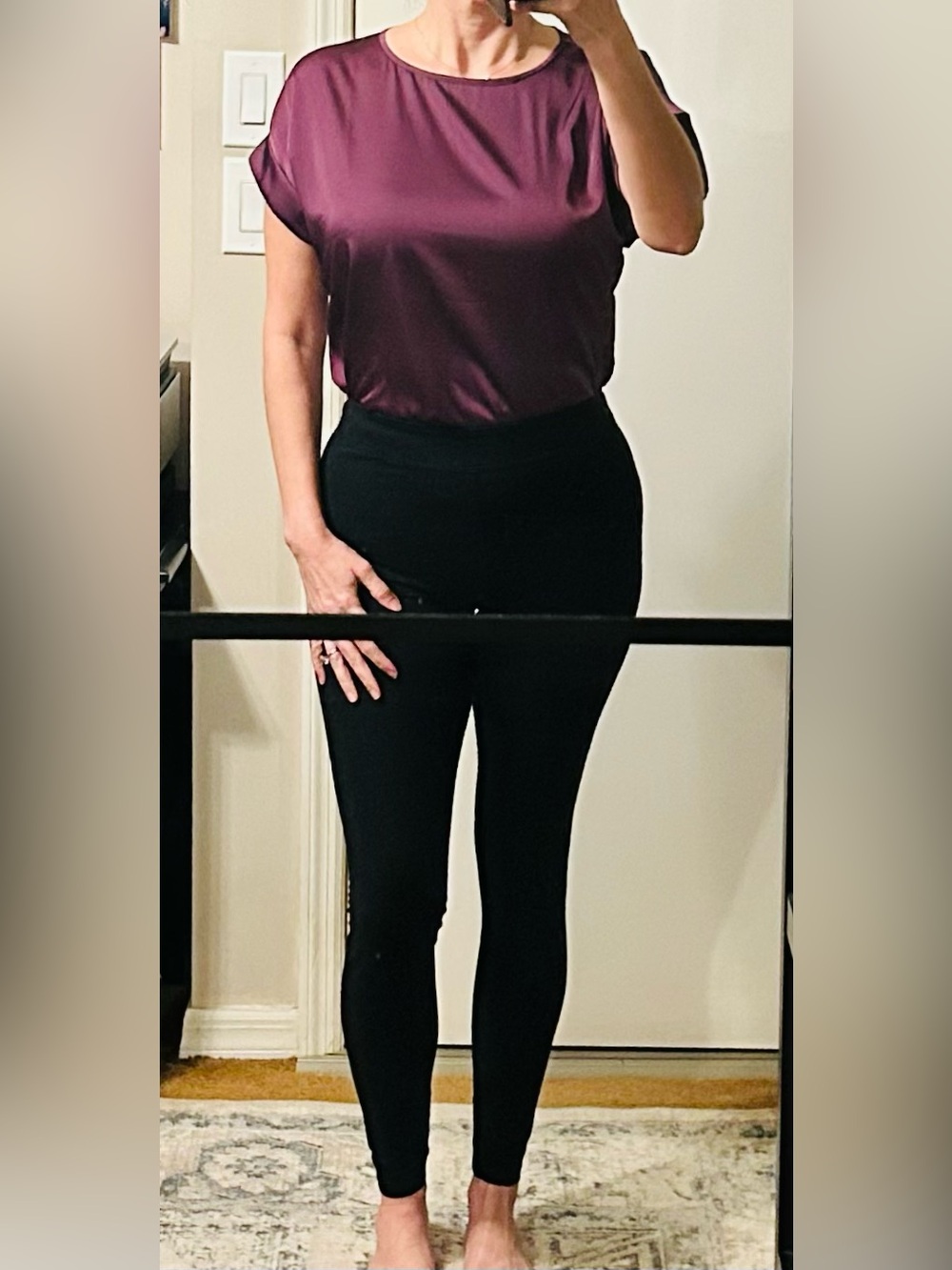 Deep Purple Short Roll-Sleeve Satin Tee Sz S